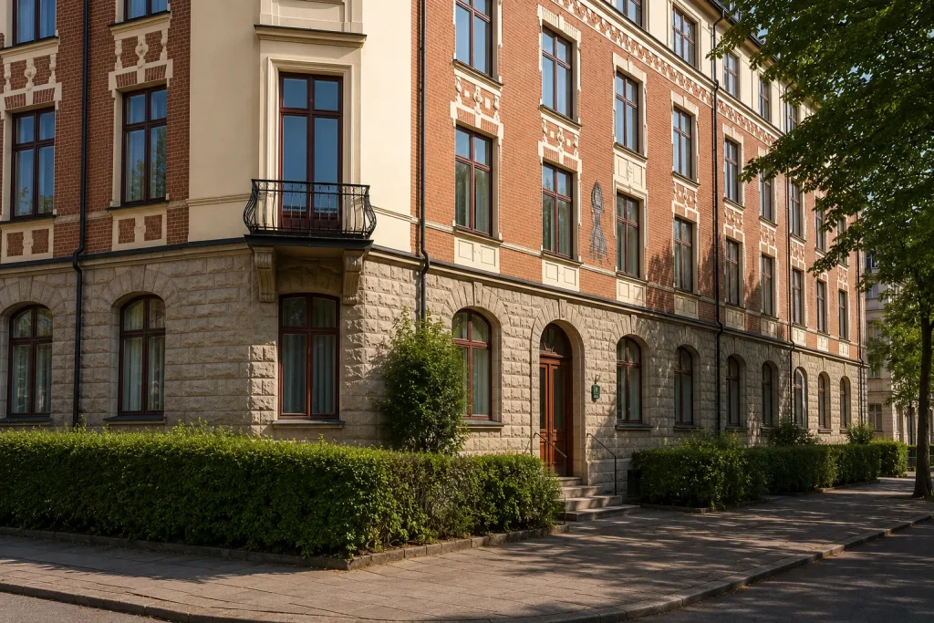 Äldre flerbostadshus i Malmö med putsad fasad, tegeldetaljer och sockel i sten