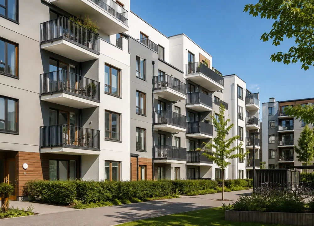 Modernt flerbostadshus med träpanel och vita balkonger