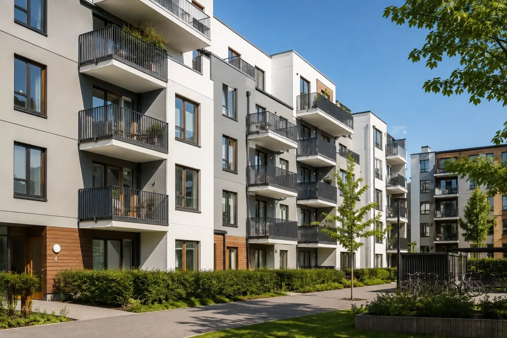 Modernt flerbostadshus med träpanel och vita balkonger
