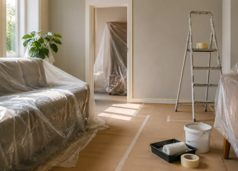 Målare med pensel vid vägg